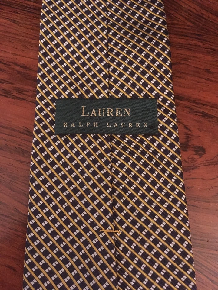 Corbata Ralph Lauren dorada y verde oscuro a cuadros seda mezcla algodón vintage Foto 3 de 4