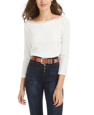 American Rag Juniors'' Lace-Trimmed Pointelle-Knit Top White Size X-Small