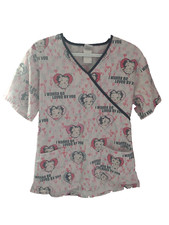 Betty Boop Pink Cartoon Graphic Scrub Top Medical Uniform V-Neck Women's S