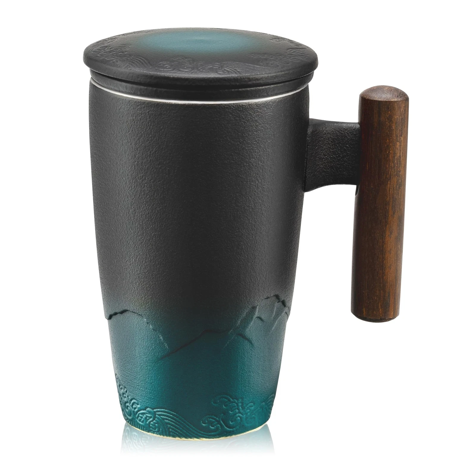 Ceramic Tea Cup with Infuser and Lid Tea Mugs Wooden Handle 400ml/13.5oz Dark...