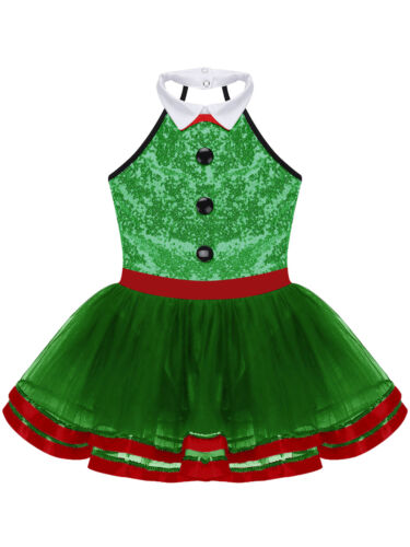 Girls Kids Circus Show Christmas Sequins Halter Dance Tutu Leotard Dress Costume - Picture 30 of 34