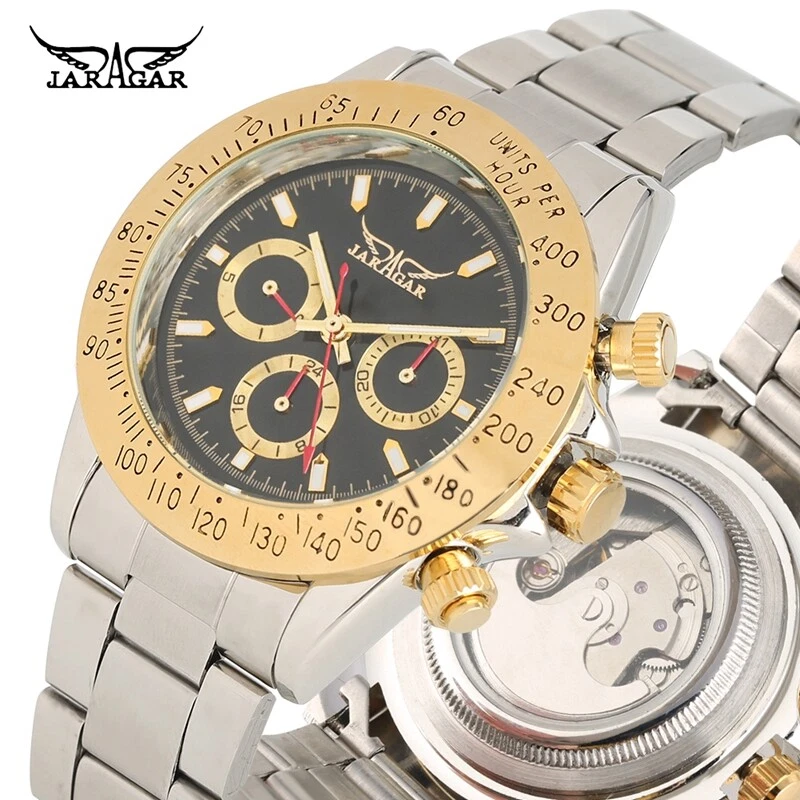 Jaragar 豪华男士手表黄金日期日历机械手表不锈钢 — 第 3/4 张图片