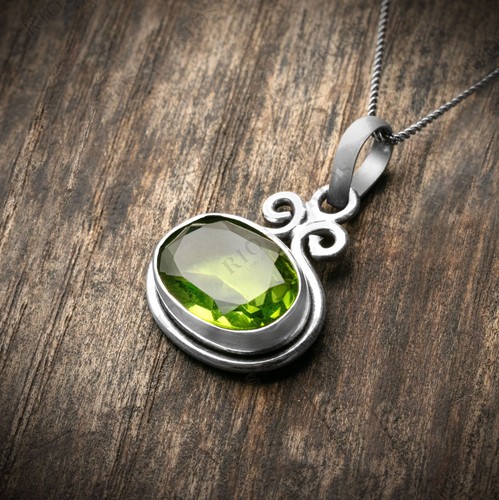 925 Sterling Silver Natural Peridot Oval Pendant Women Chain Necklace Boxed - Picture 4 of 6