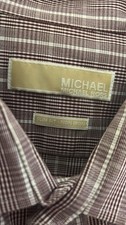 Michael Kors Slim Fit Non Iron Plaid Dress Shirt Burgundy White 17.5 34/35