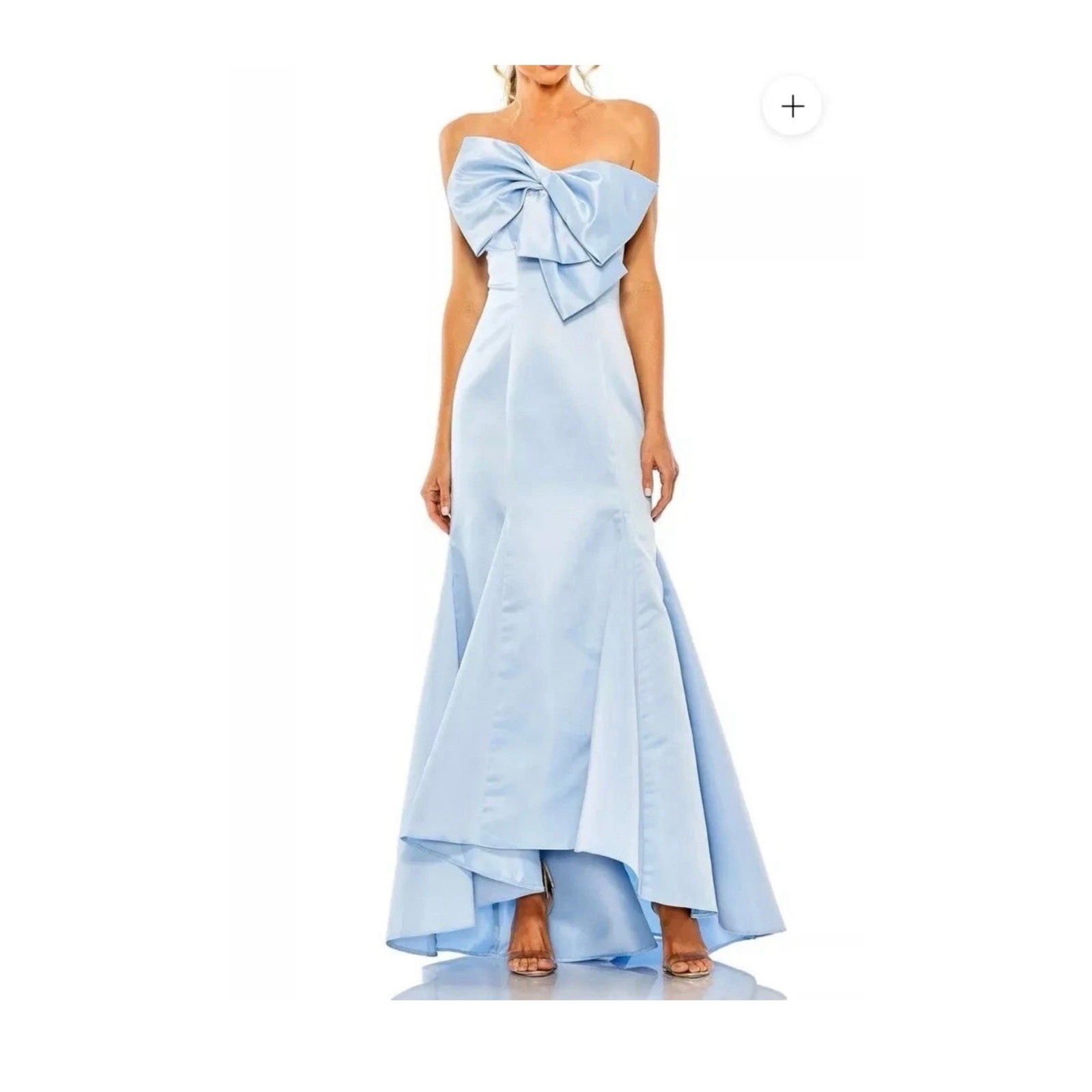 IEENA Mac Duggal Strapless Satin Mermaid Bow Gown - Powder Blue