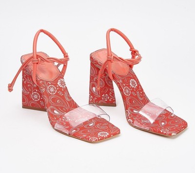 New Schutz Womens Mayala Red Paisley Tie Front Heeled Square Toe Sandals Size 10