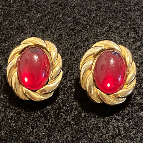 Vintage KJL Kenneth Jay Lane Red Cabochon Gold Tone Rope Twist Clip On Earrings
