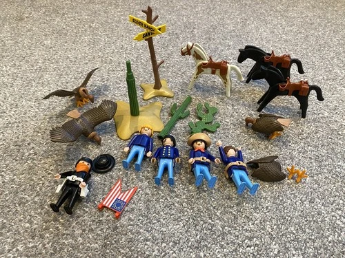 Vintage Playmobil Western Soldiers And Bandit With Horses, Vultures, Accessories