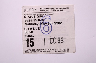 Status Quo Concert Ticket Original Odeon Hammersmith Saturday 8th May 1982