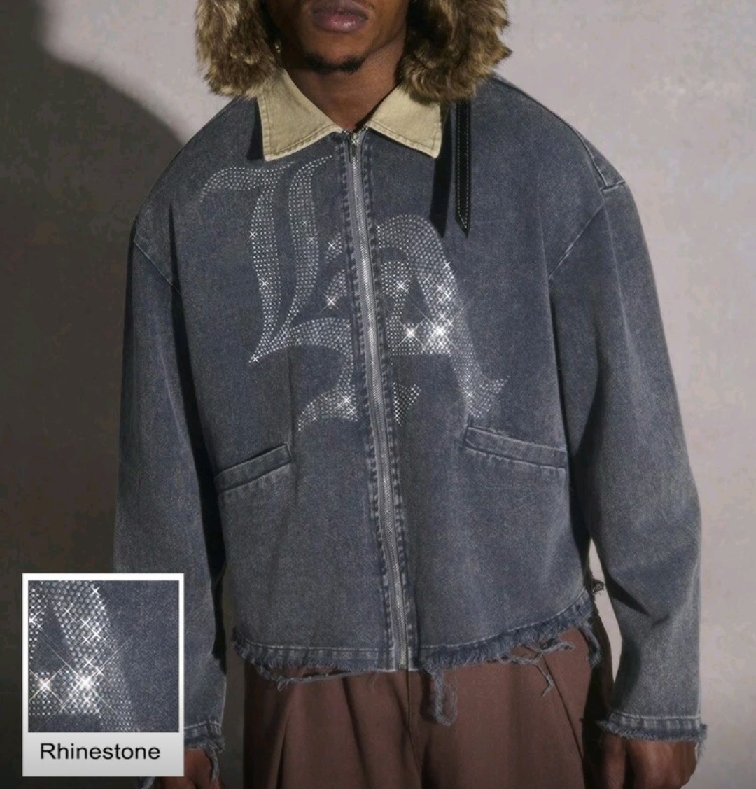 Nuevo Hombre Lujo Diamante Estrás Denim Jeans Cremallera Chaqueta Alta Calidad 4 Colores