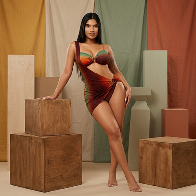 Women's 3 Piece Swimsuit Set Ombre One Shoulder Bikini with Mesh Dress Beachwear