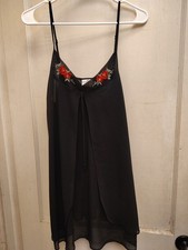 DELICATES Black SHEER BABYDOLL TEDDY NIGHTIE Embroidered Flowers Women's Large