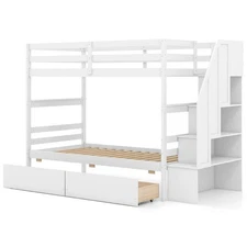 Twin Over Twin Bunk Bed w/ Storage Stairs & Drawers Full-length Guardrails