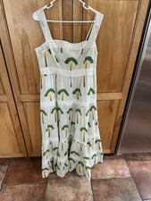 Calypso St Barth Maxi Dress Tiered Smocked L Cotton Palm Print Crochet Trim New