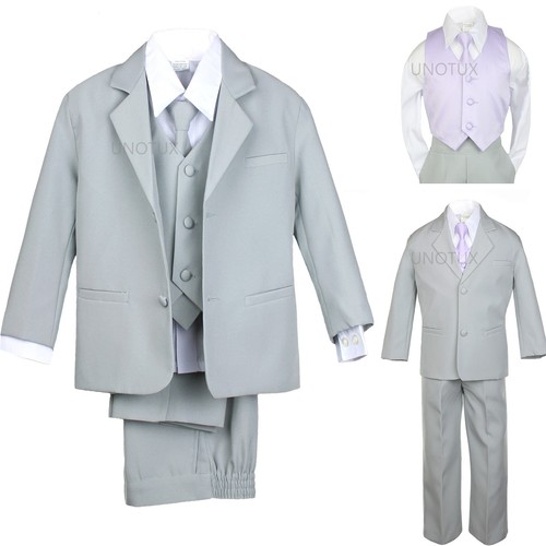 7pc Satin Vest Neck Tie Boy Baby Toddler Teen Silver Gray Formal Suit S-20 - Picture 15 of 44