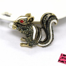 Cute Black Squirrel Pearl Bling Crystal Fashion Women Charm Brooch Pin