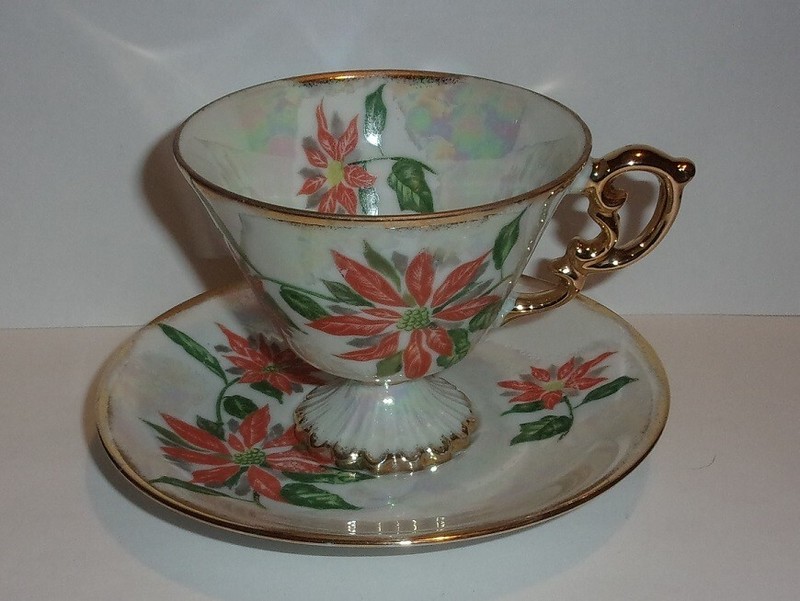 December Poinsettia Flower of the Month Footed Cup & Saucer w Gold Trim