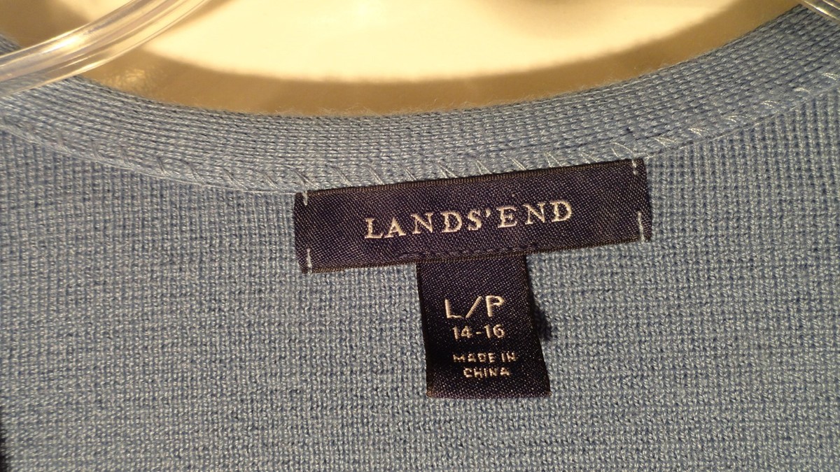 Pull Femme Lands' End Bleu Col V Manches Longues Taille L/P - Tricot Fin Occasion Très Bon état