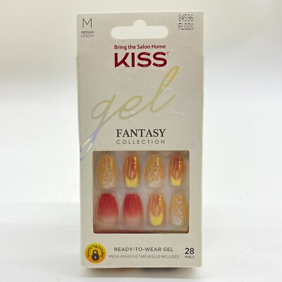 Kiss Nails Gel Fantasy Press Glue Manicure Medium Coffin Pink Ombre Glitter