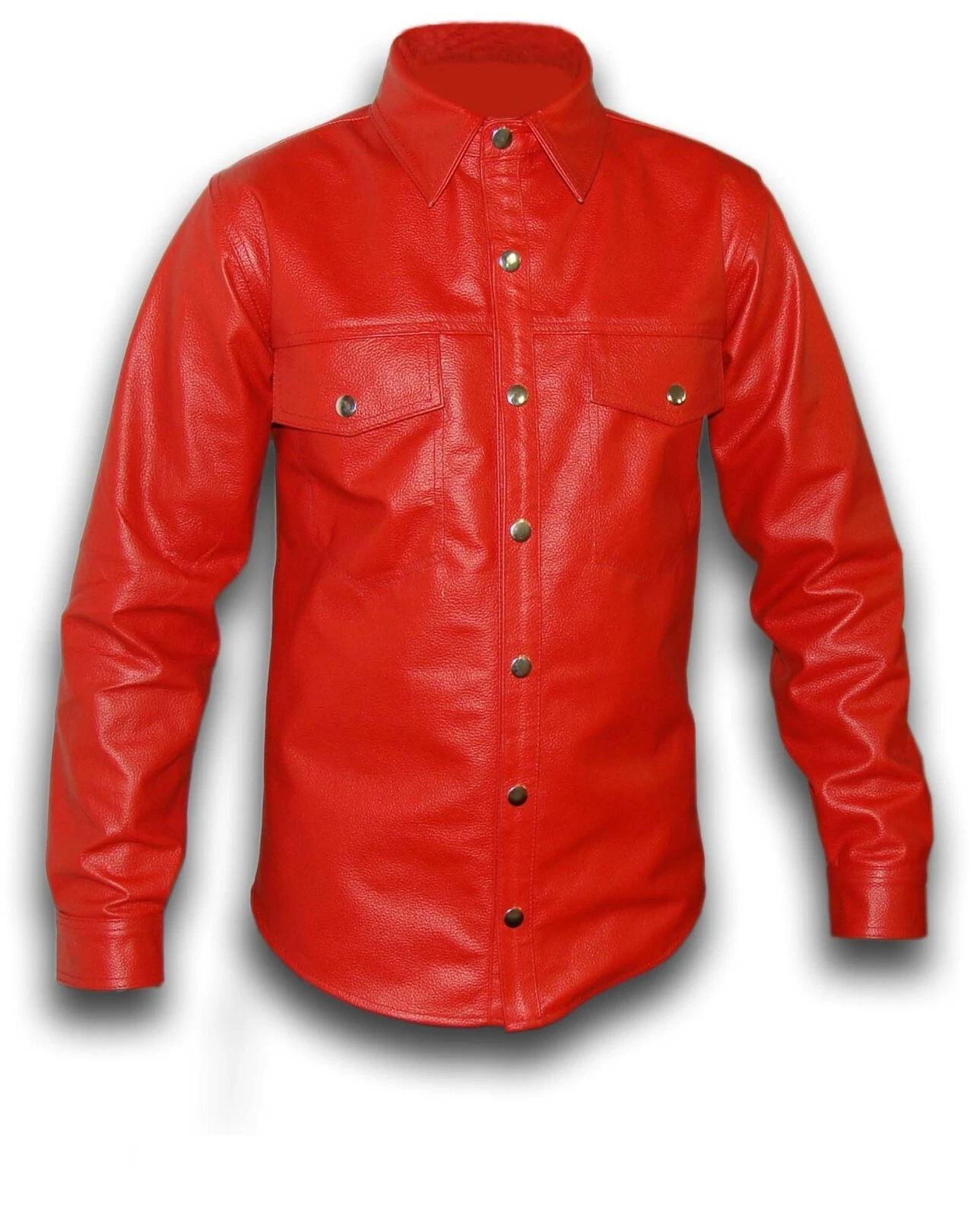 Mens Full Sleeves Red Shirt Police Uniform Style Genuine Soft Leather Shirt BLUF