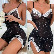 Women Lace Babydoll Chemise Negligee Sexy Lingerie Nighties Sheer Mesh Nightwear