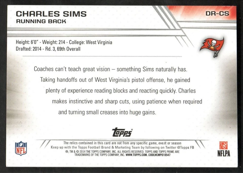2014 Topps Prime Memorabilia Charles Sims Rookie Auto Jersey /140 #DR-CS Tampa - Image 2 of 2