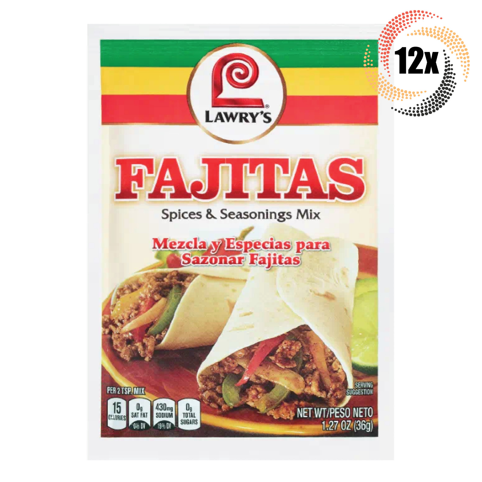 12 упаковок смеси специй и приправ Lawrys Fajitas Flavor | Без глютамата натрия | 1,27 унции