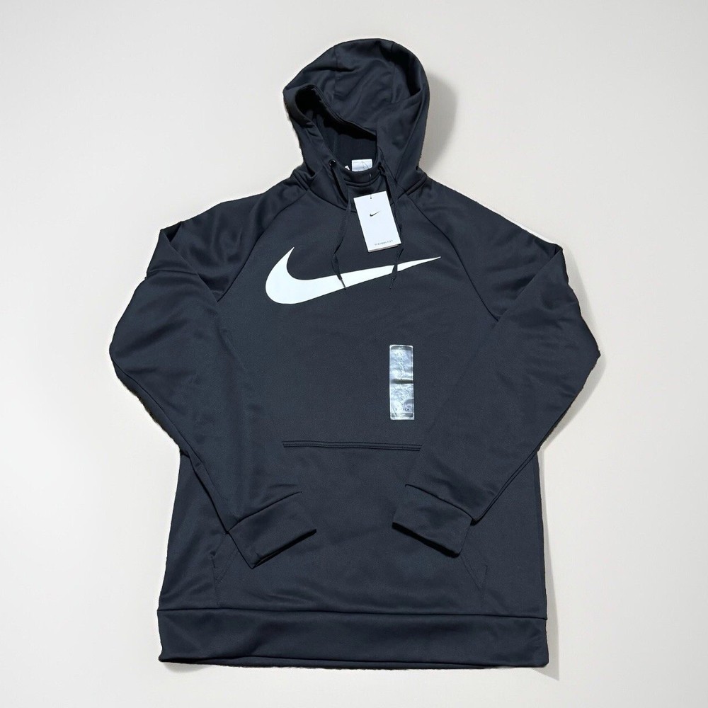 Nike Therma Fit Black Mens Hoodie Large Zip Pocket Training Pullover with Swoosh