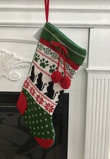 Christmas Stocking Knit Fair Isle Cat Red Green Black Cats 17.5  New