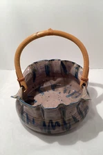 Janet Rodriguez Pottery Basket w/Bamboo Handle Blue Glaze