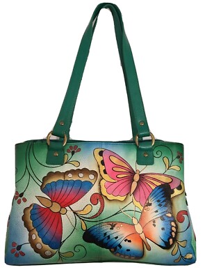Anuschka Hand Painted Leather Multi Compartment Tote Bag-Henna Butterfly Green