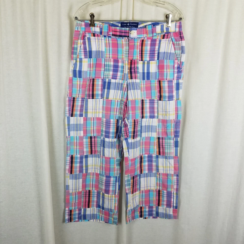 Calça Cape Madras Maine Feminina Tamanho 8 Colorida Pastel Xadrez Patchwork Algodão Crop