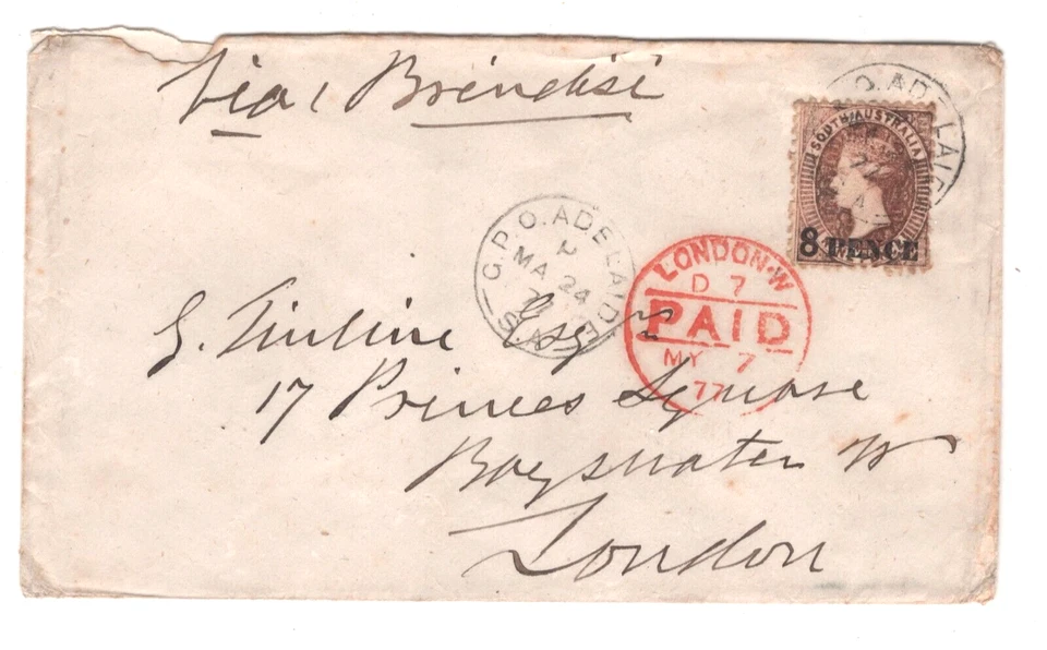 AUSTRALIA DEL SUR Estados QV 8d/9d Cubierta *8 Peniques* Adelaida 1877 Londres ENVÍOS MA443 Foto 3 de 4