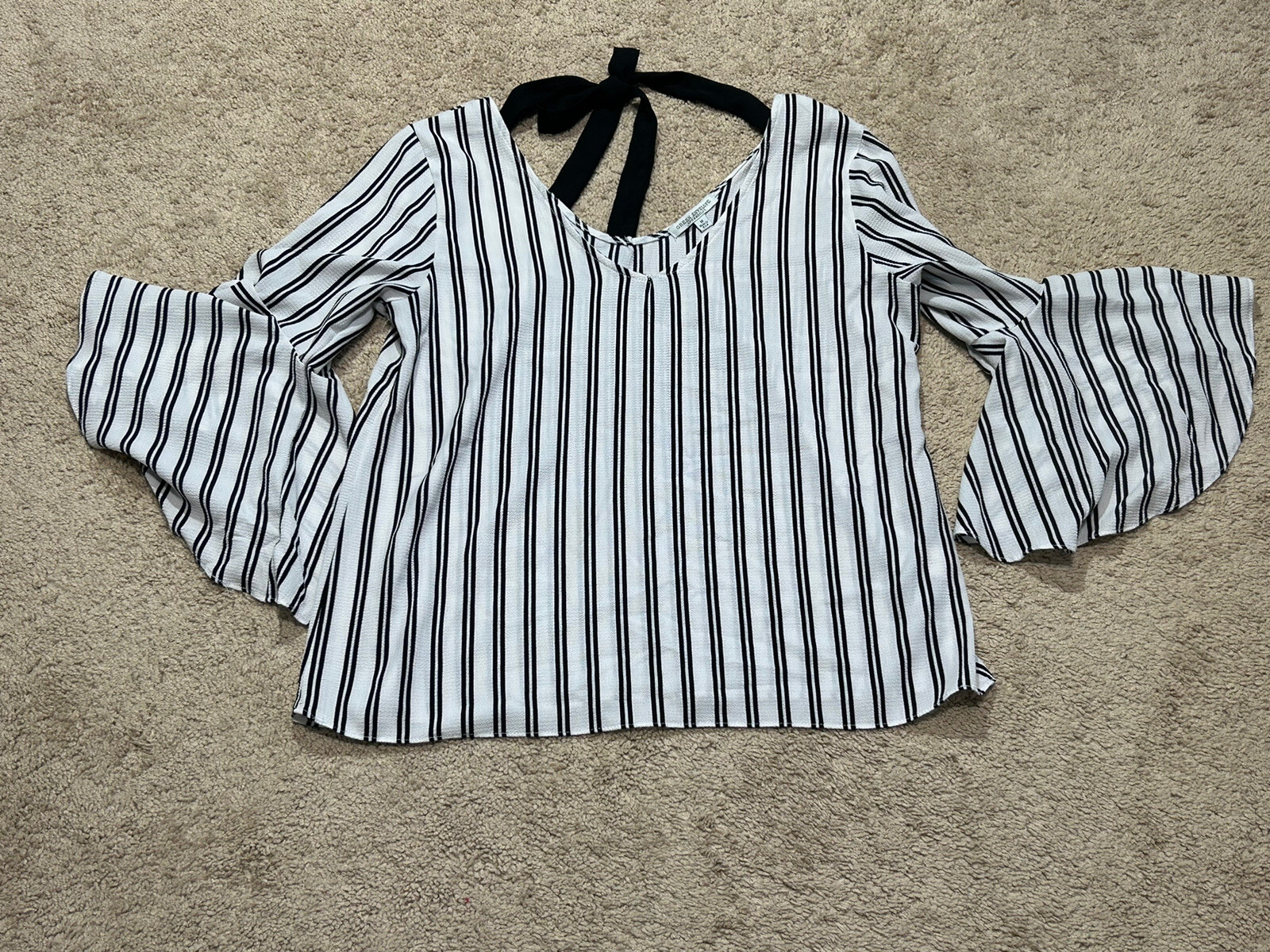 Green Envelope Womens Shirt Size Medium Black White Striped Tie Front Flowy