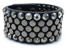 Ladies Leather Black Rhinestone  Black Studded Adjustable Bling Bracelet