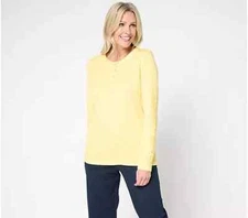 Denim Co Waffle Knit Button Henley Crochet Sleeve Top-Canary Yellow-2X-A677671