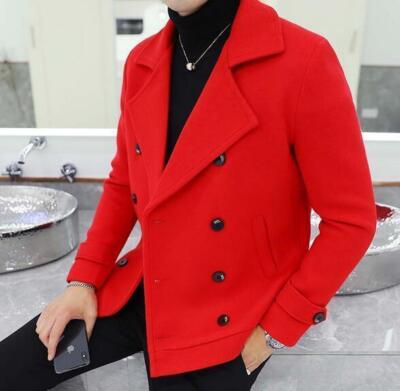 Mens Wool Blend Short Coat Double Breasted Lapel Collar Peacoat