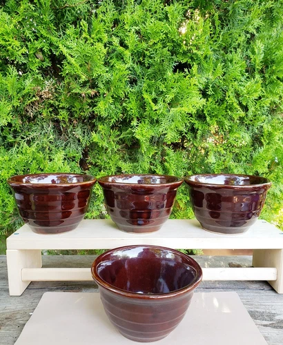 Stoneware Bowl Maple Leaf Monmouth Pottery Beehive 5" Brown Lot Of 4 Vintage