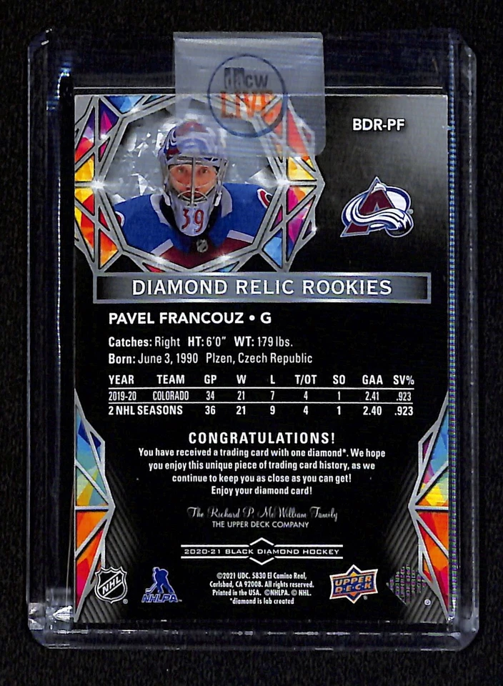 2020-21 Upper Deck Black Diamond Pavel Francouz Diamond Rookie Relic #/99 BDR-PF - Image 2 of 2