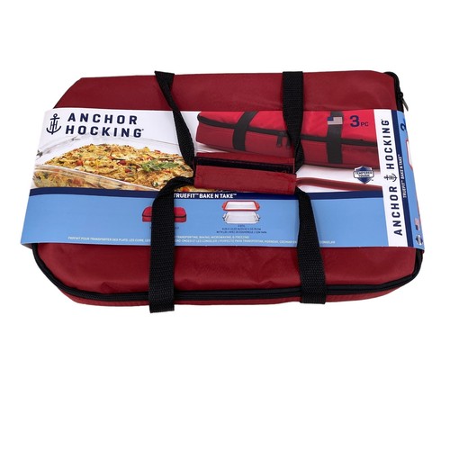 Anchor Hocking 3 pc Truefit Bake n Take 3 Qt Casserole w/Red Lid & Tote Bag NEW - Picture 4 of 15