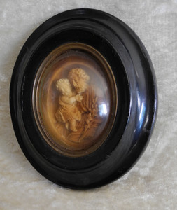 ANTIQUE WOODEN FRAME, CURVED GLASS, LIMESTONE MEERSCHAUM, St. Joseph Baby Jesus