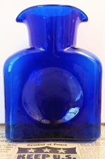 2018 Blenko Glass Etched Cobalt Blue Water Bottle Double Spout Pitcher - PERFECT