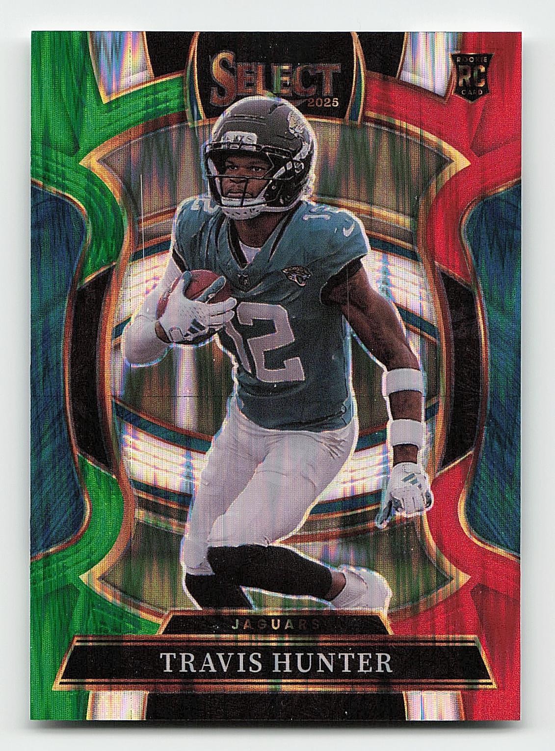 2025 Panini Select #28 Travis Hunter Green and Red Prizm Shock Rookie