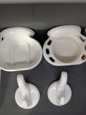 Vtg White Porcelain Bathroom Fixtures Toothbrush Cup Soap Hooks Wall Mount