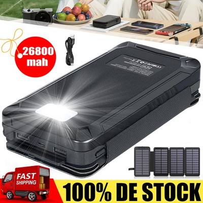 Solar Powerbank 26800mAh, Solar Ladegerät mit Karabiner,Datenkabel,Taschenlampe