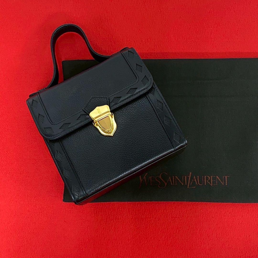 Yves Saint Laurent YSL Vintage Black Cutout Leather Logo Handbag Used Excellent Condition