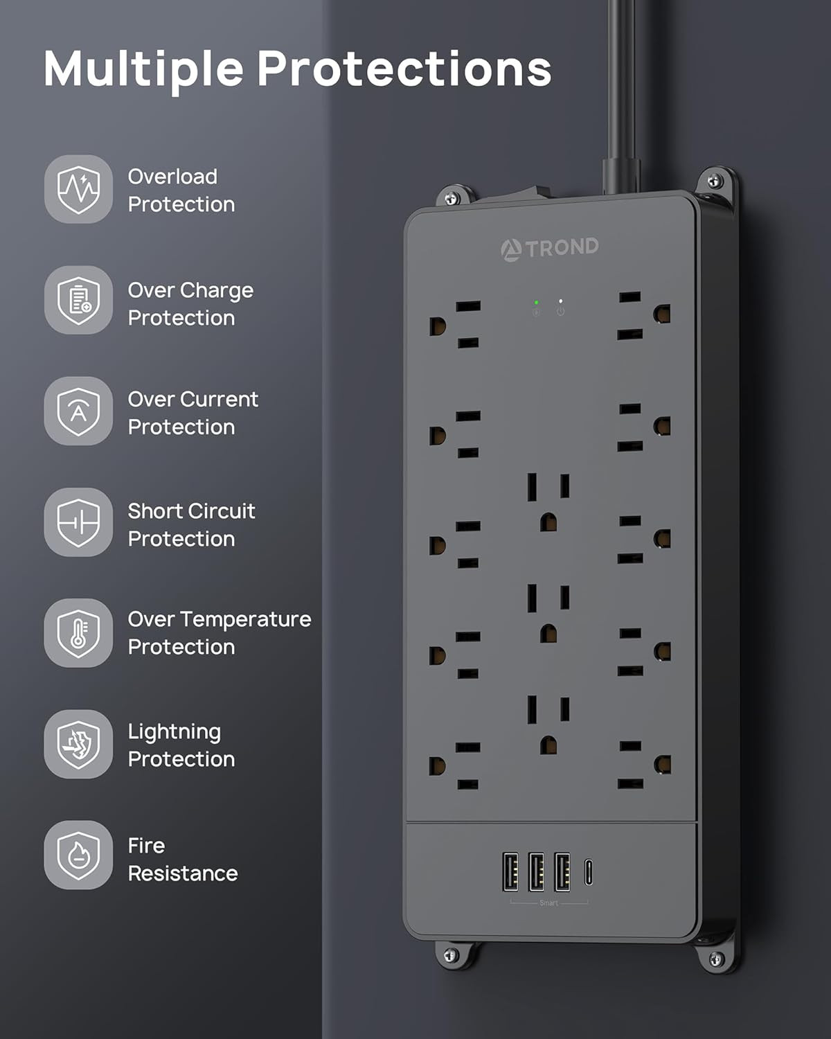 TROND Surge Protector Power Strip, 4000 Joules, ETL Listed, 13 Widely-Spaced Out