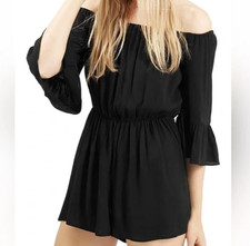 Topshop Black Romper Ruffled three-quarter Sleeves Stretchy  High Rise
