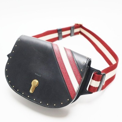 BALLY Flap Leather Body Bag Waist Bag Navy/Bordeaux x White K10-k081