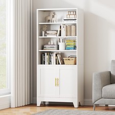 71" Metal Bookcase with Doors, Floor Standing Storage Cabinet Display Shelves